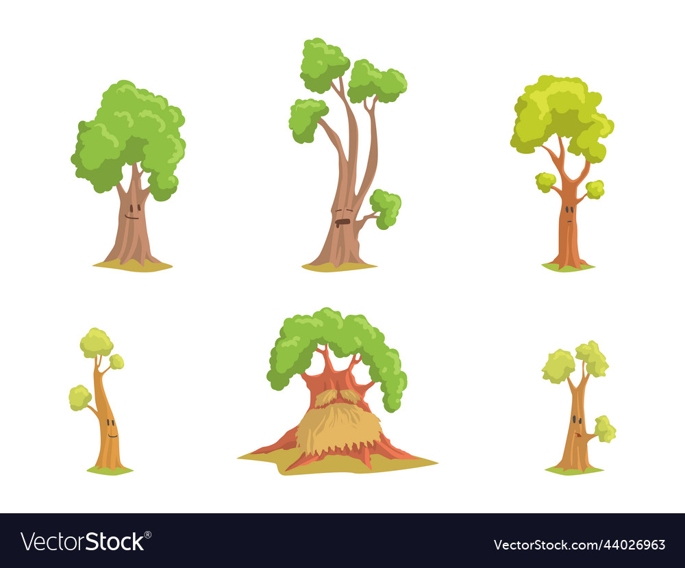 Set of funny tree characters summer trees Vector Image Set of funny tree characters summer trees
