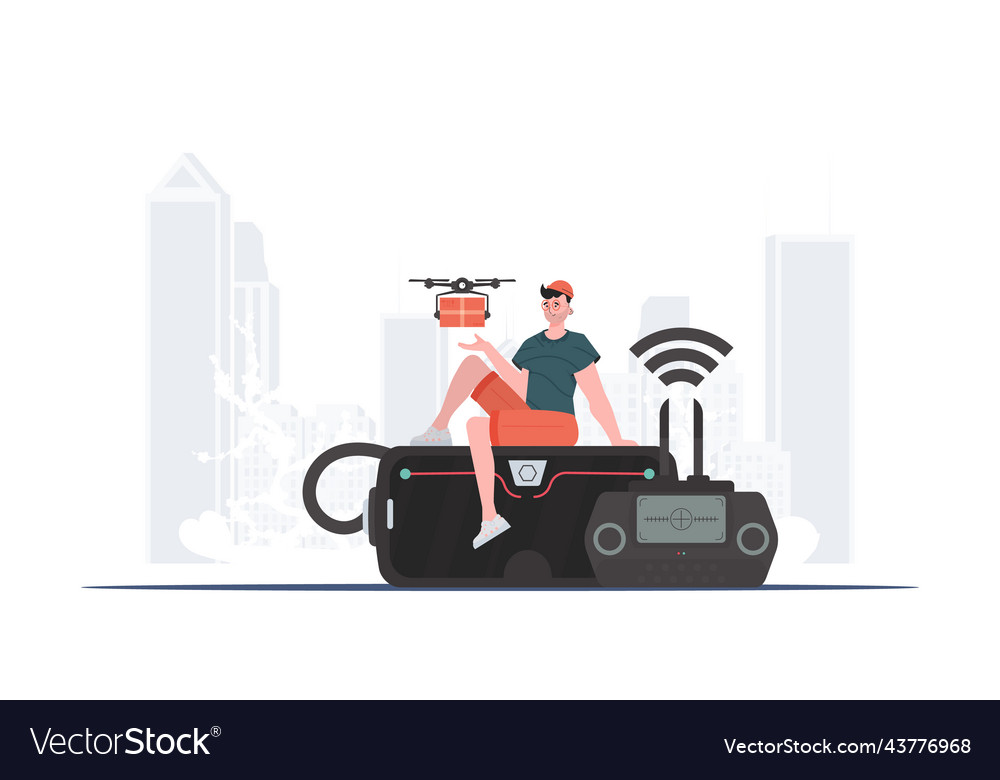 A man controls drone with package the concept Vector Image A man controls drone with package the concept