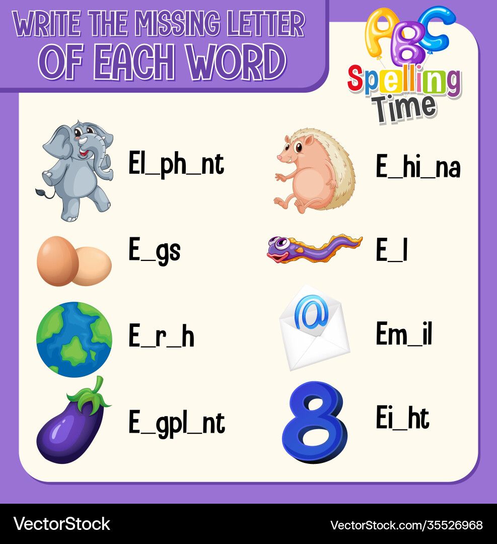 Fill missing letter each word worksheet Royalty Free Vector