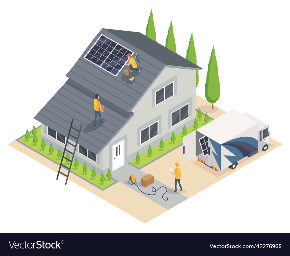 Solar cell installing team service working Vector Image Solar cell installing team service working