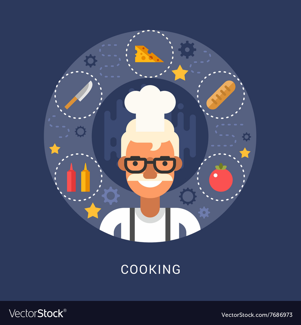 Food icons and objects in the shape of circle chef