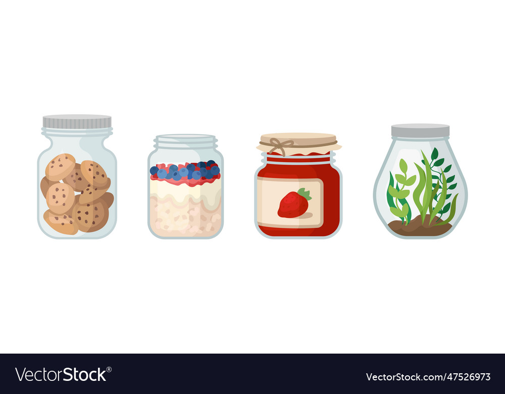 Glass jars with different objects inside Vector Image Glass jars with different objects inside