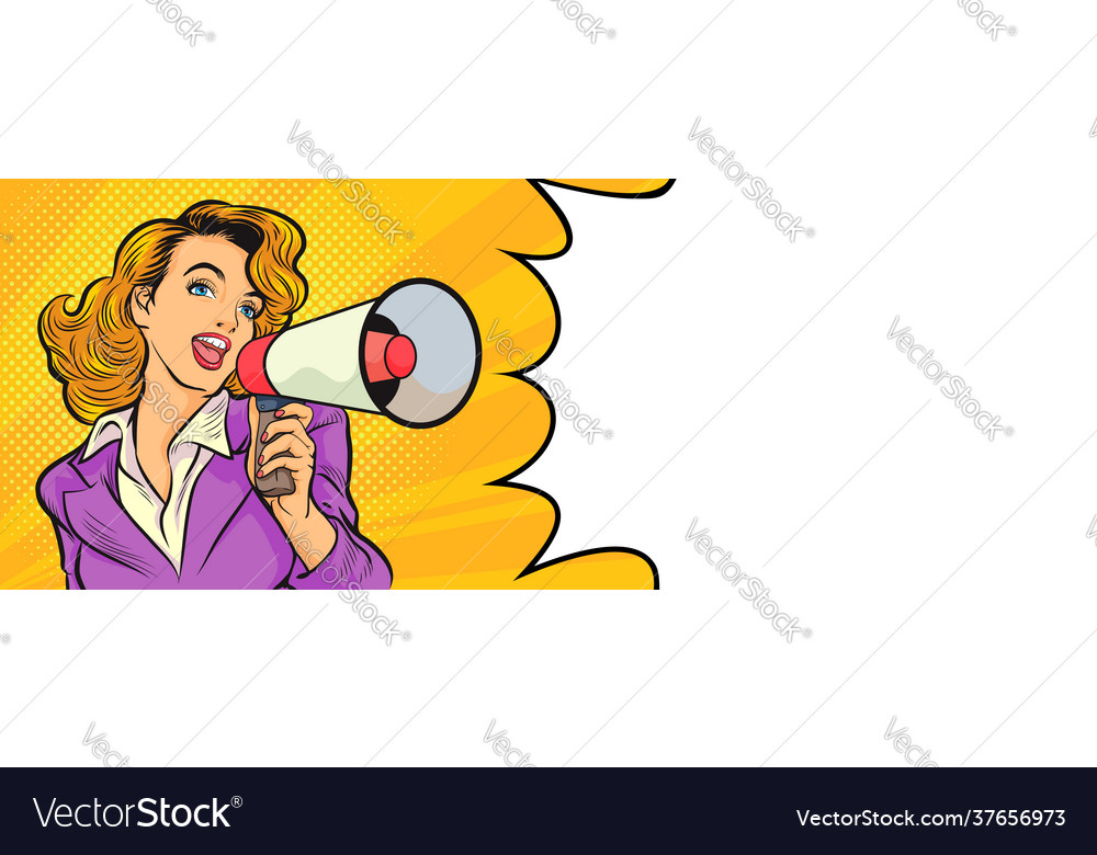 Pop art beautiful woman with megaphone banner 2