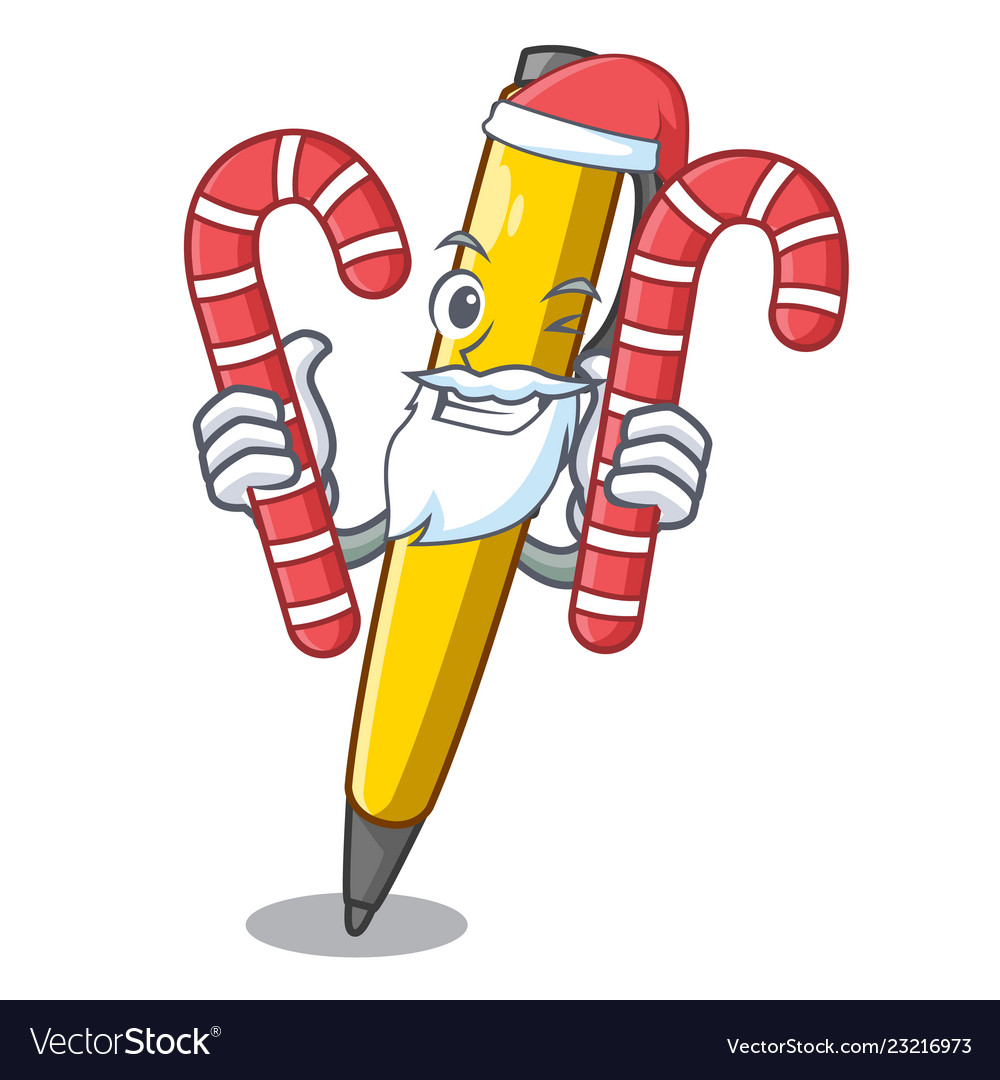 Santa with candy antique ink pen shape on cartoon