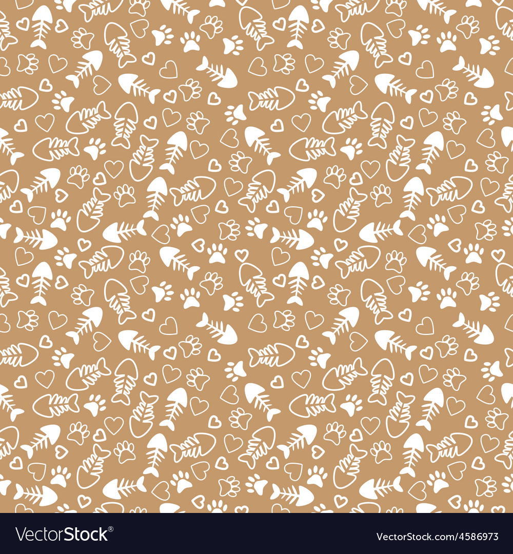 Seamless pattern with fishes and footprints of cat