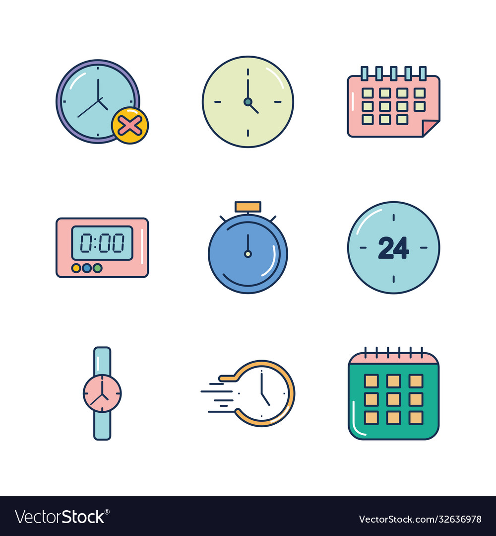 Calendar and time icon set line fill style