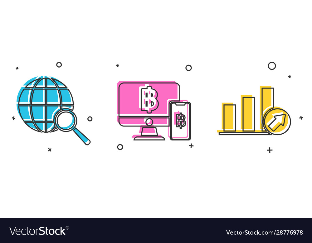 Set magnifying glass with globe computer monitor vector image Set magnifying glass with globe computer monitor