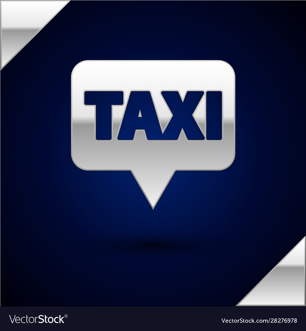 Silver map pointer with taxi icon isolated on dark