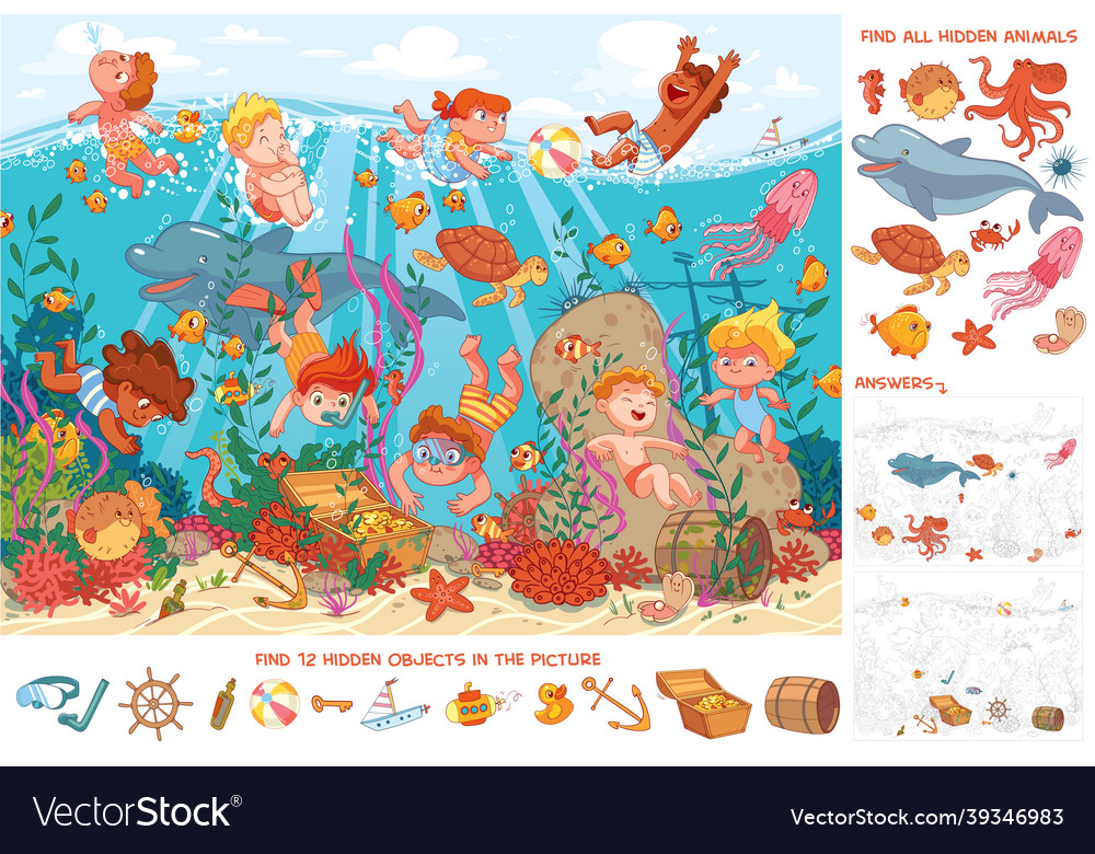 Children swim underwater with marine life find 10 Vector Image