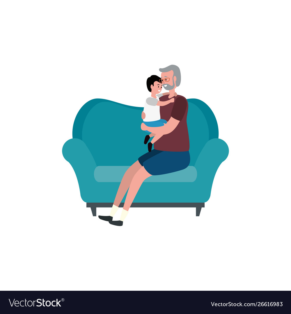 Cute grandfather with grandson in sofa