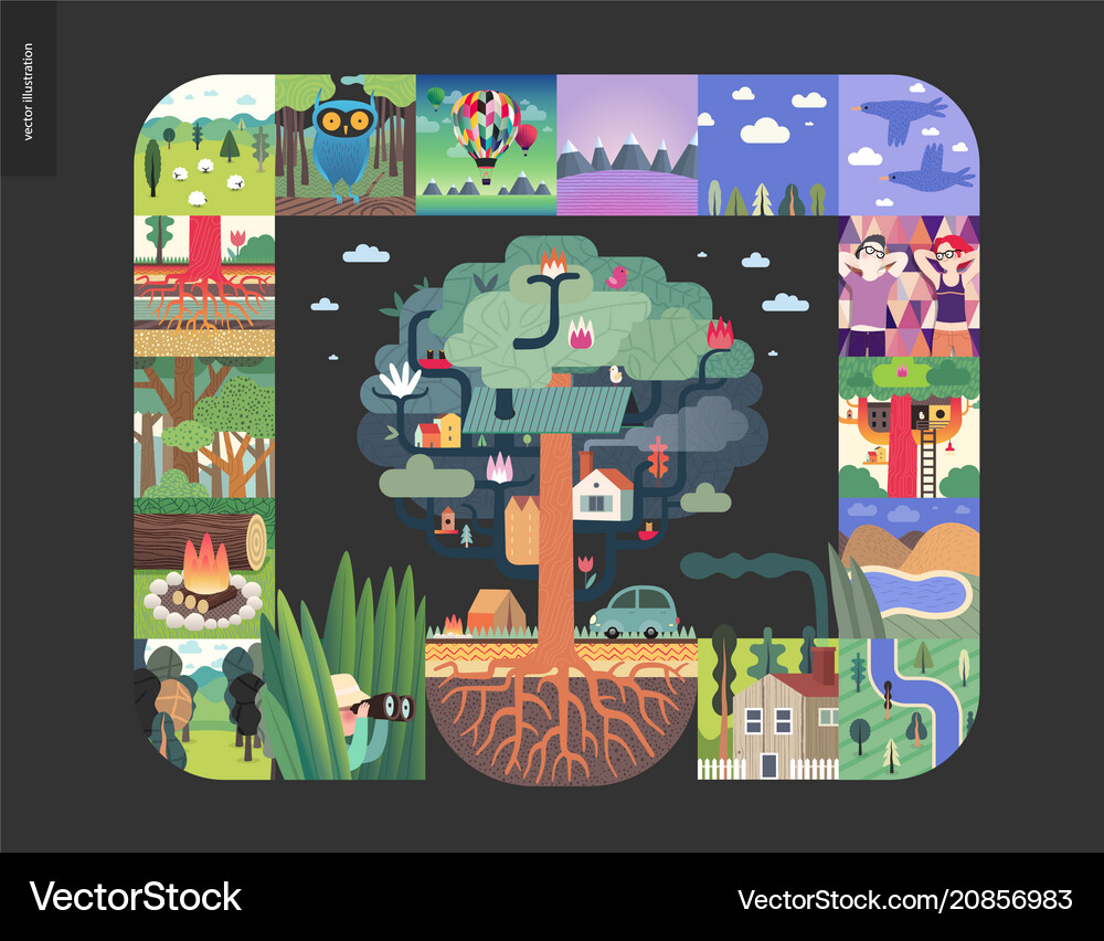 Simple things - forest set composition on a black Vector Image