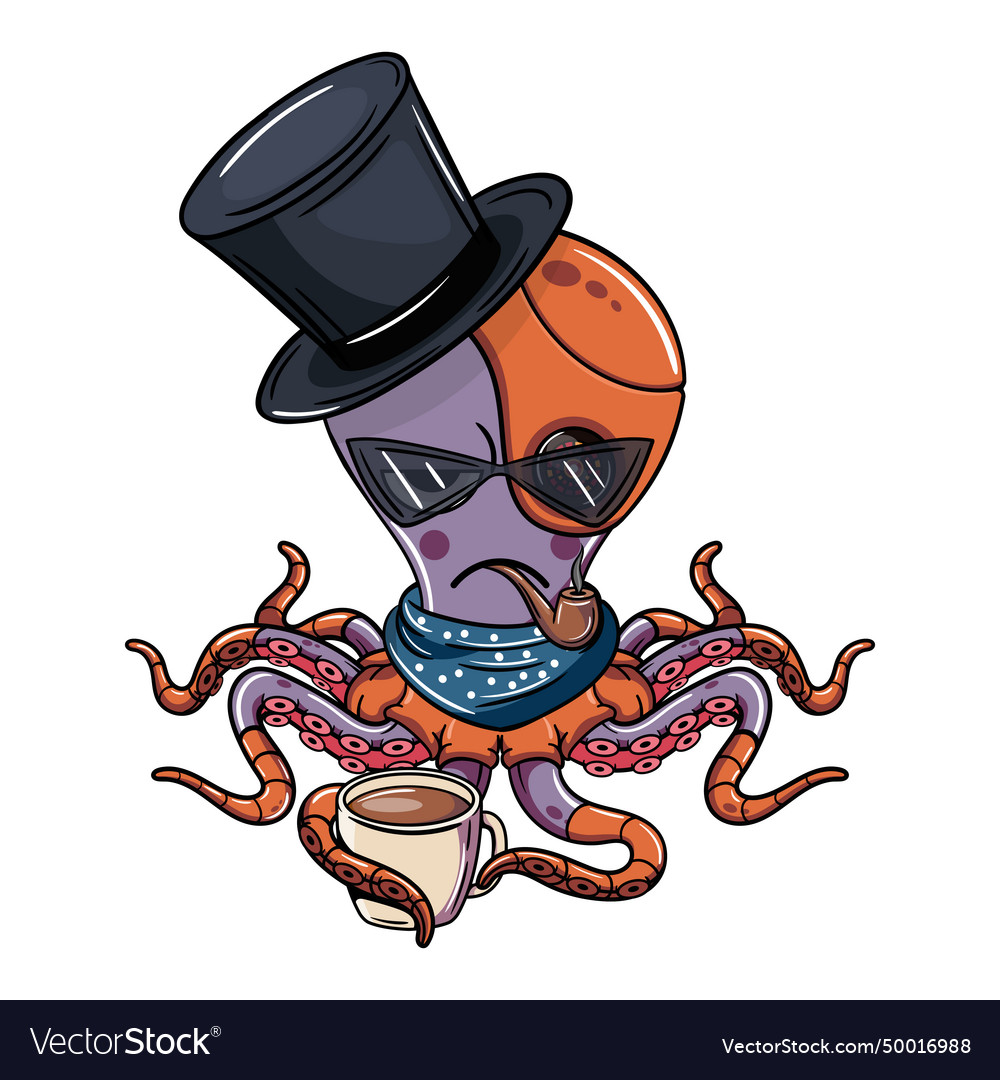 Cartoon angry cyborg octopus character smoking