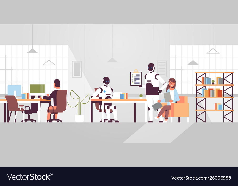People vs robots working in creative co-working vector image People vs robots working in creative co-working