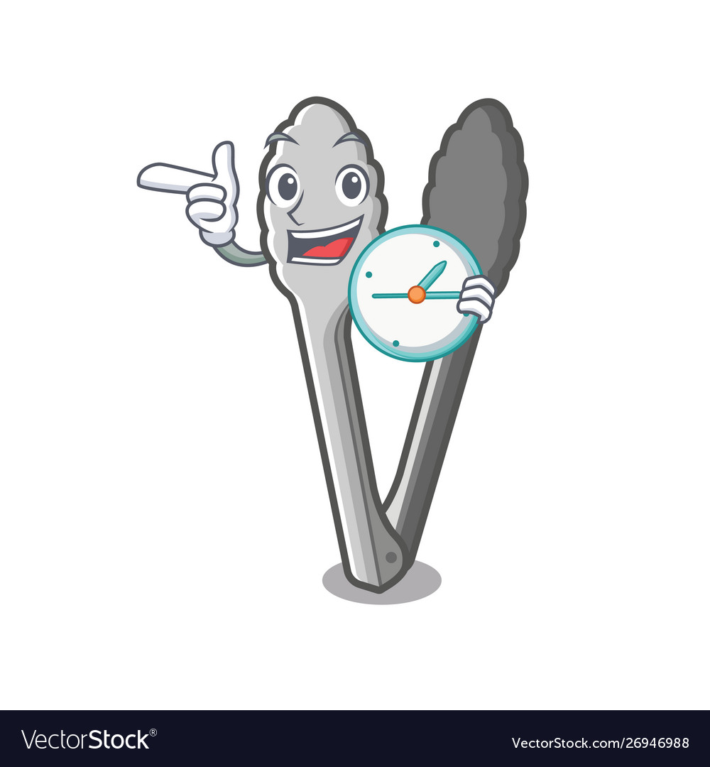 With clock tongs in a cartoon shape