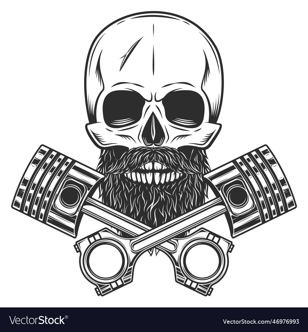 Biker skull with beard and mustache with piston Vector Image