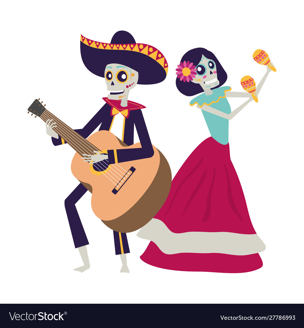 Catrina and mariachi skulls playing maracas Vector Image