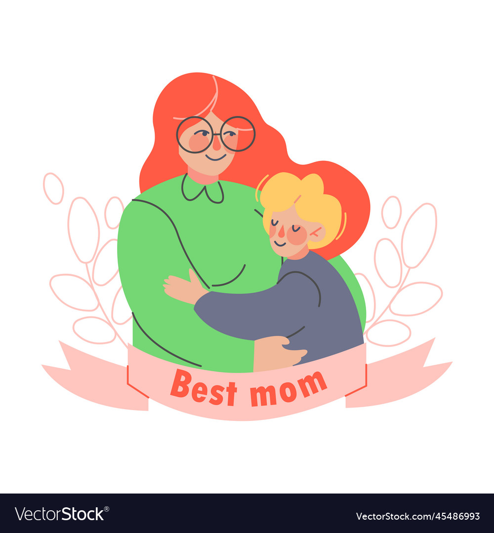 Happy mother embracing with her son and ribbon