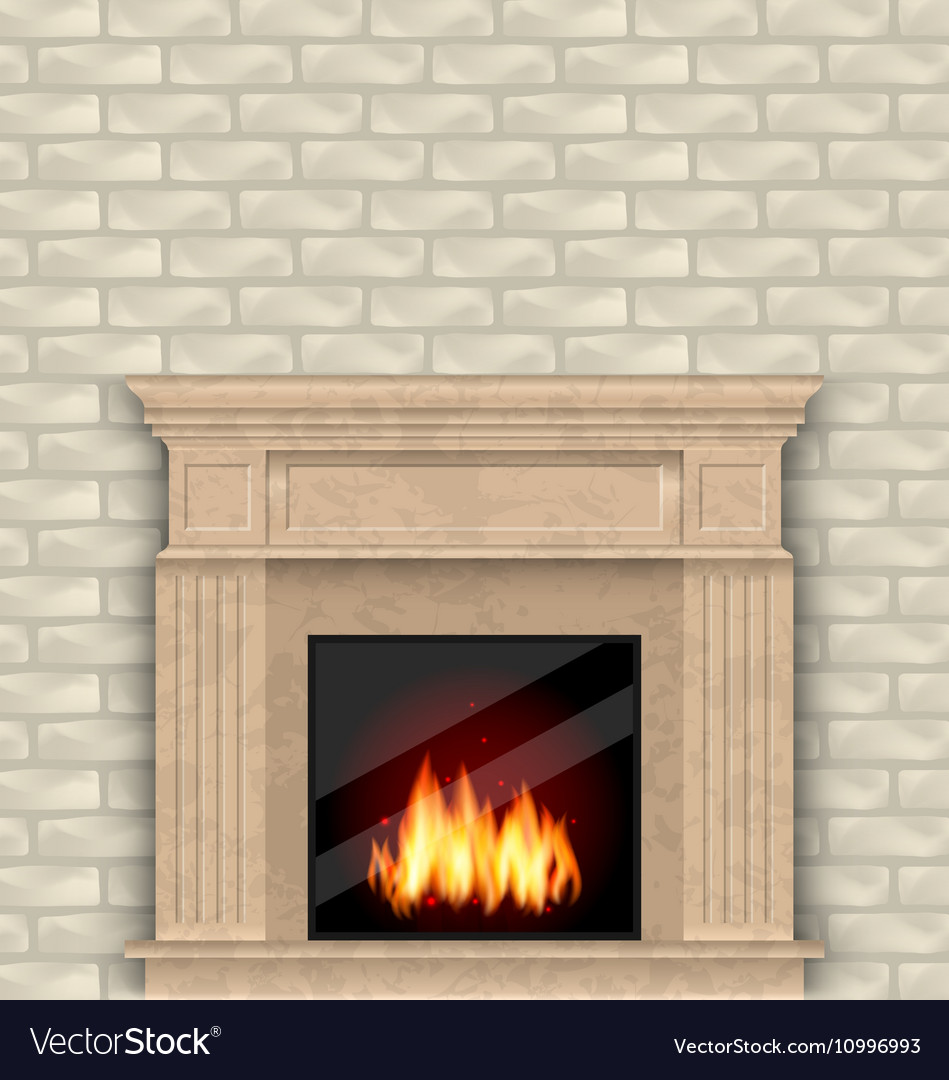 Realistic Marble Fireplace With Fire In Interior Vector Image