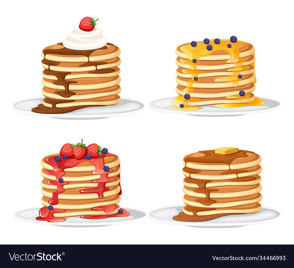 Set four pancakes with different toppings Vector Image