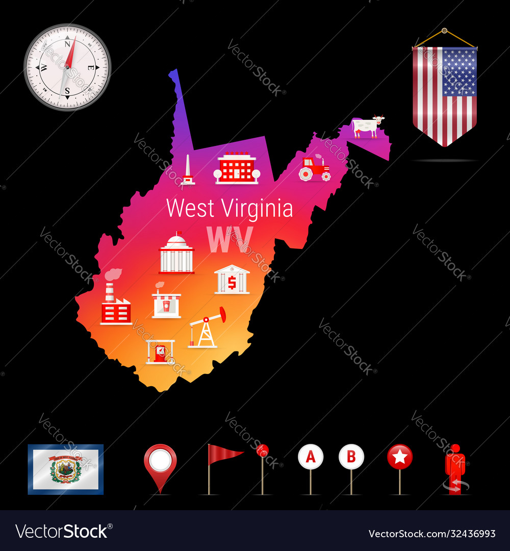 West virginia map night view compass icon