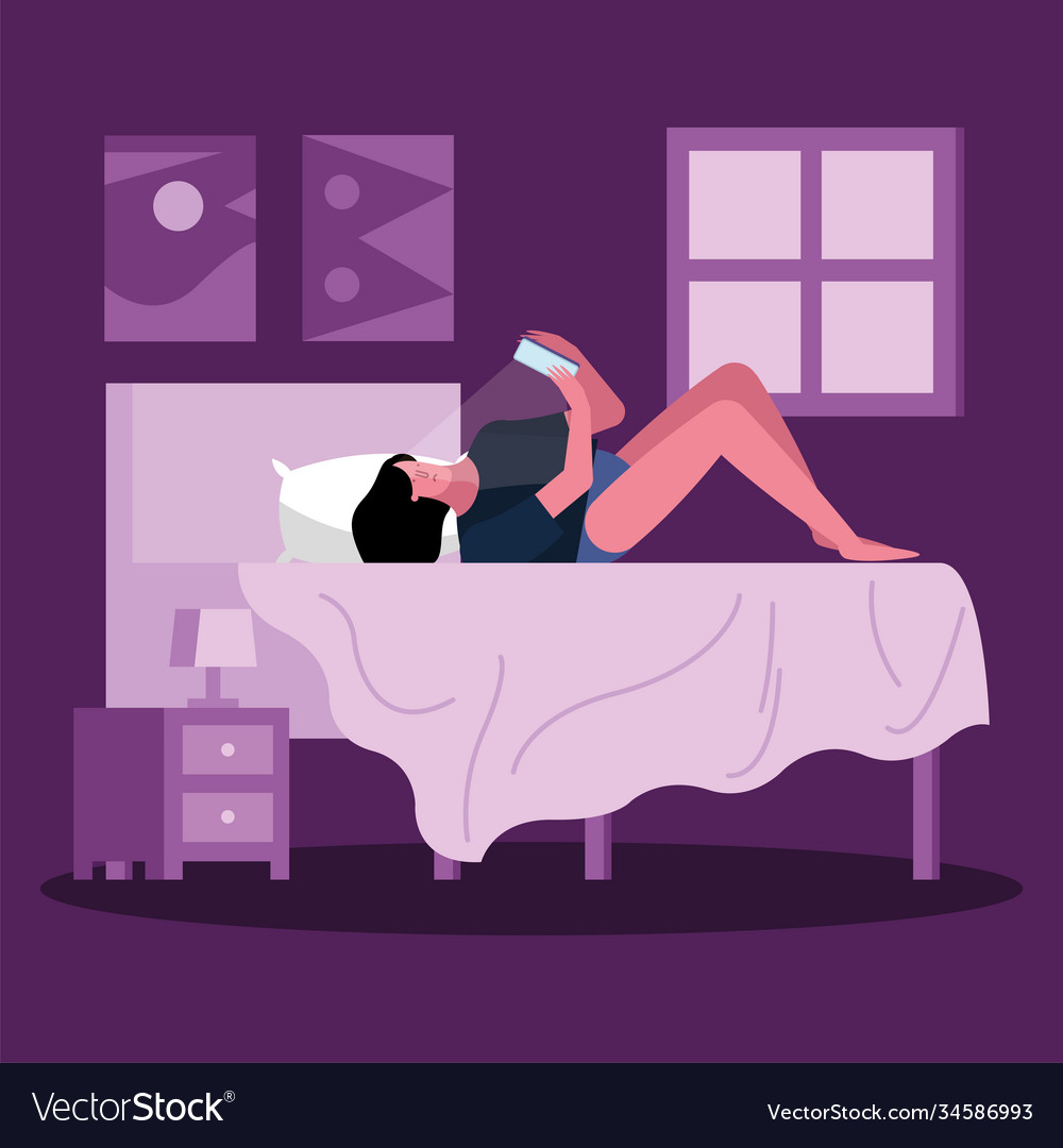 Woman in bed using smartphone suffering from