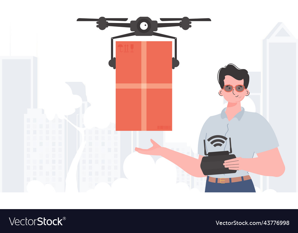 A man controls quadcopter with package Vector Image A man controls quadcopter with package