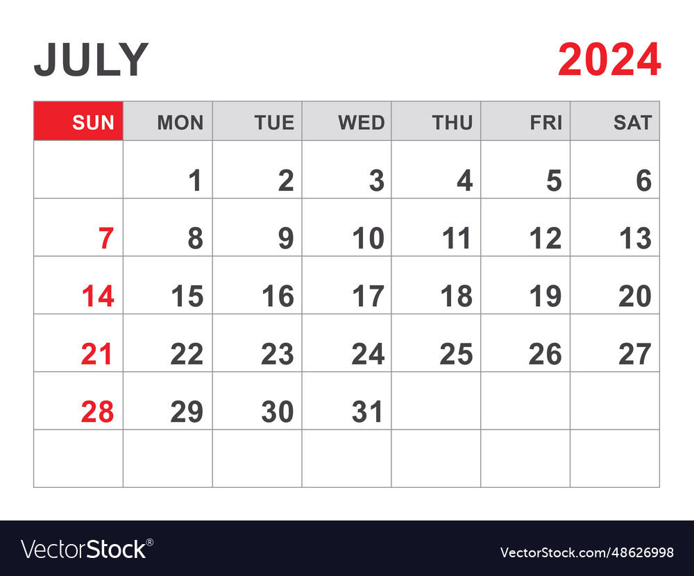 Calendar 2024 template july layout Royalty Free Vector Image