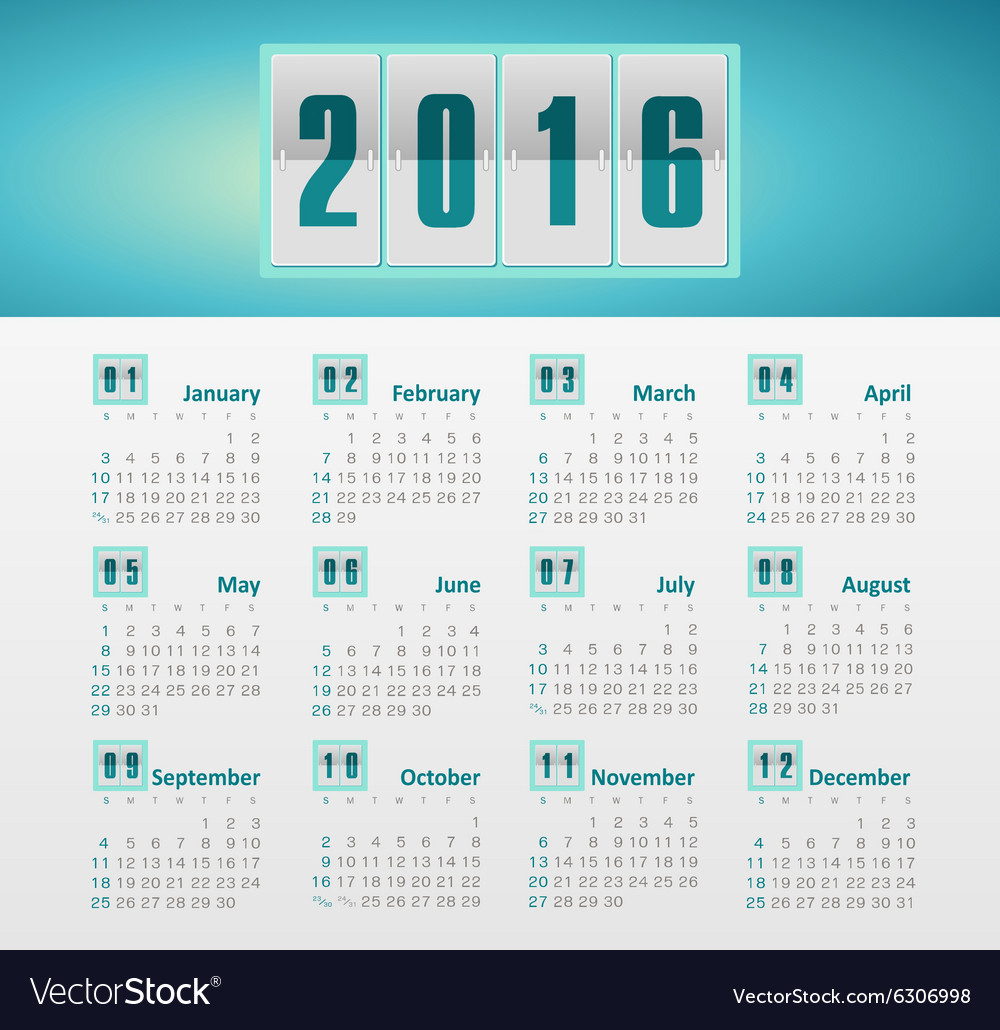 Calendar for 2016 week starts sunday Royalty Free Vector