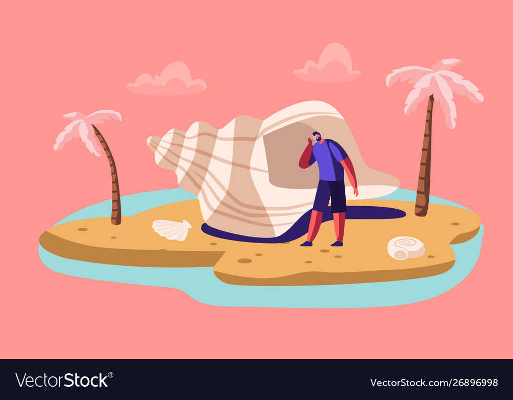 Man listening sea with huge seashell at exotic vector image Man listening sea with huge seashell at exotic