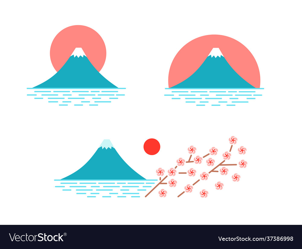 Mount fuji set and sun with cherry