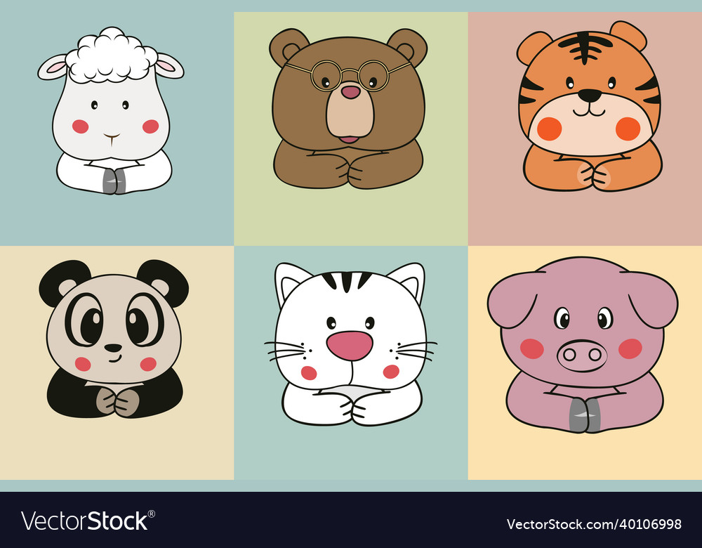 Set cute cartoon baby animals heads