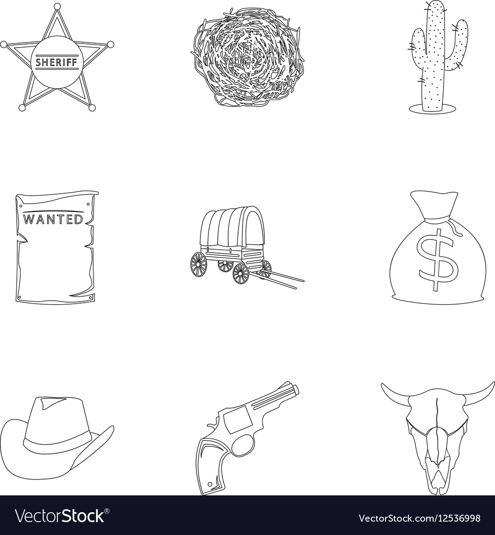 Wild west set icons in outline style big