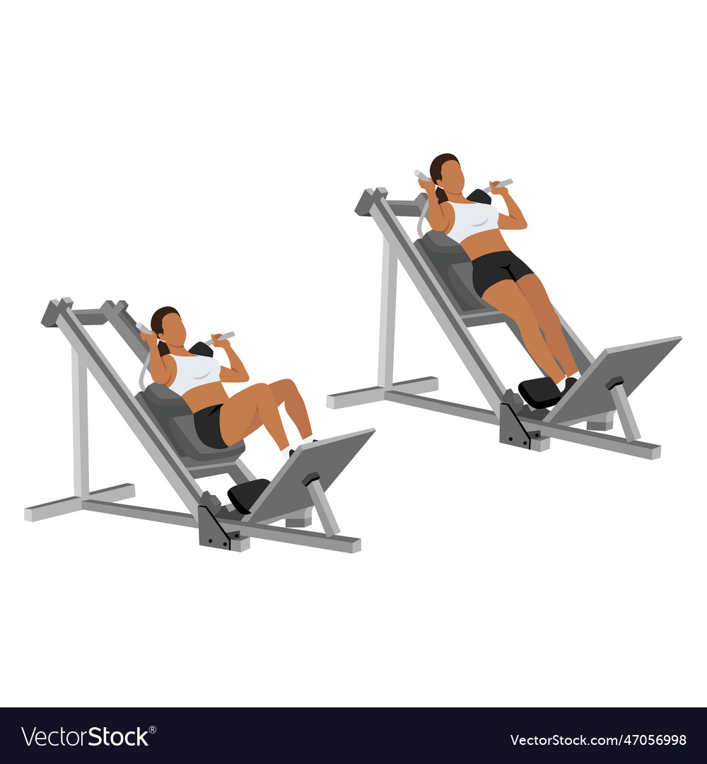 Woman doing machine hack squat exercise flat Vector Image