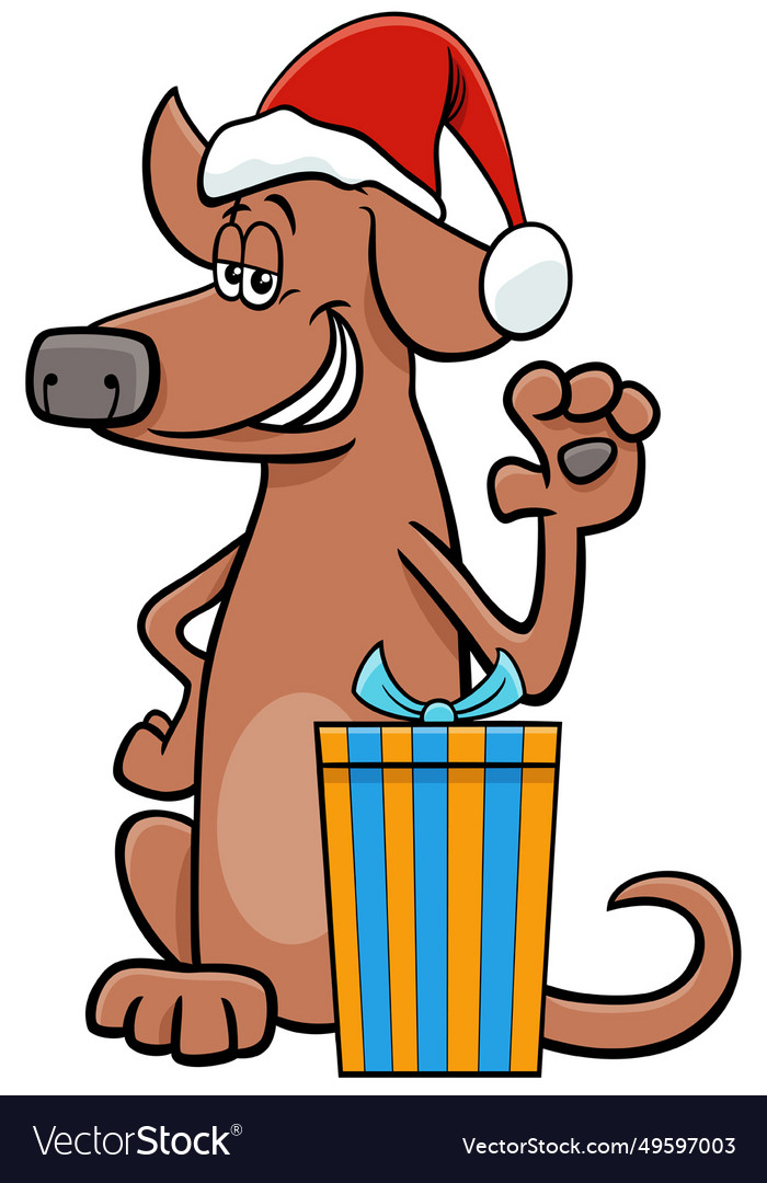 Funny cartoon dog with present on christmas time Vector Image