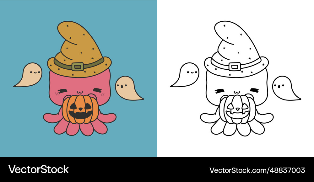 Set clipart halloween octopus coloring page Vector Image