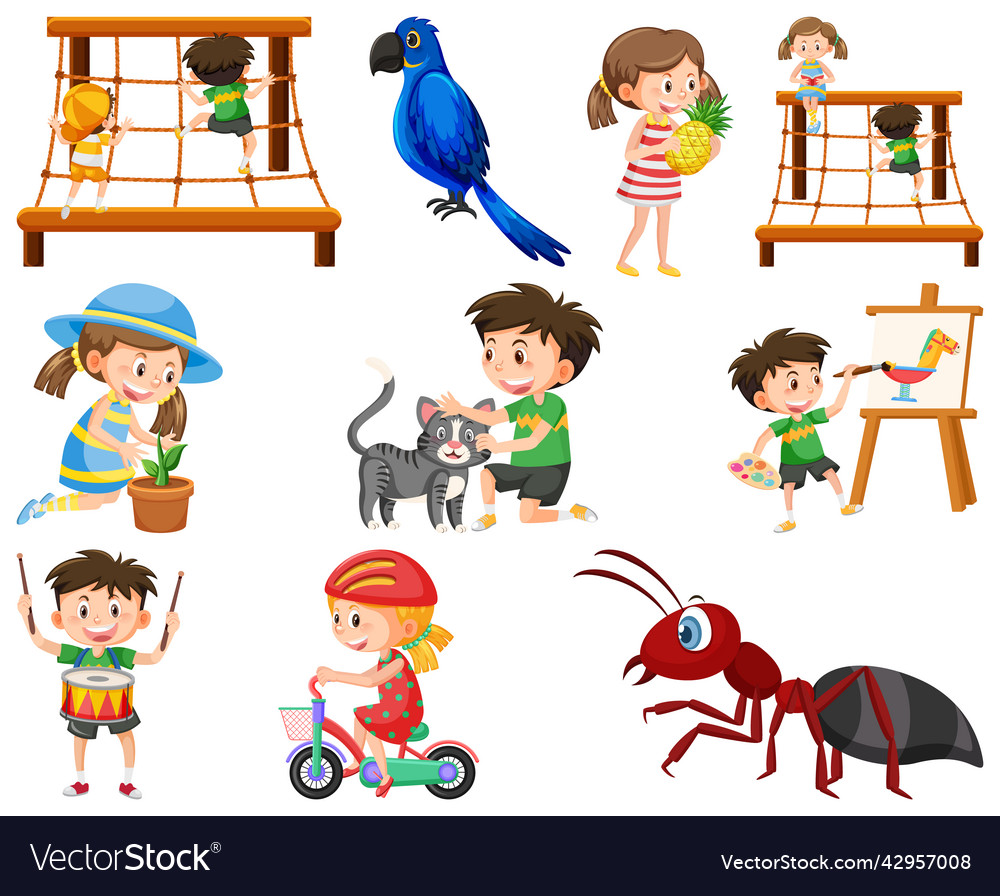 Set of different cute kids and objects