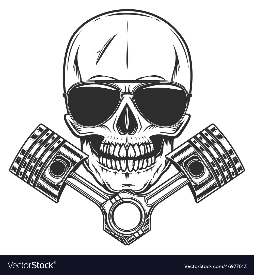 Motorcyclist skull in sunglasses and engine piston