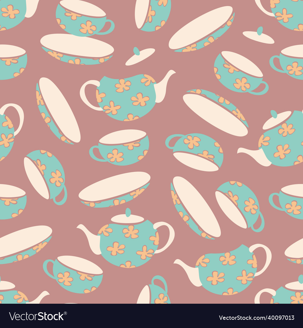 Seamless pattern with teapots saucers and cups