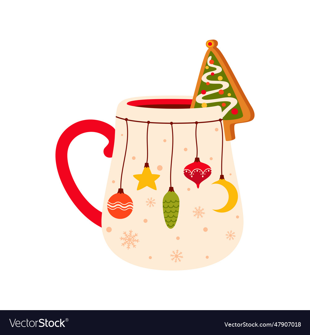 Christmas mug with hot drink and gingerbread tree