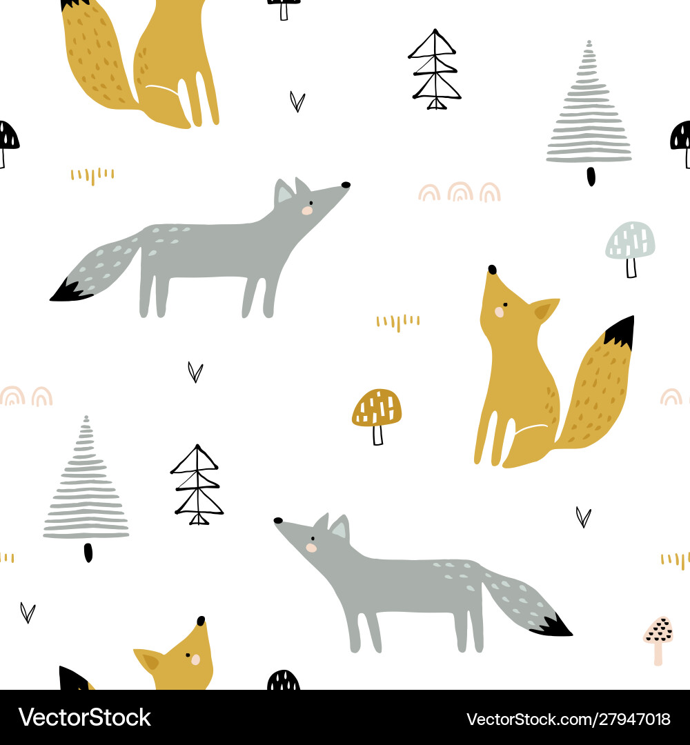 Seamless forest pattern with foxes trees Vector Image