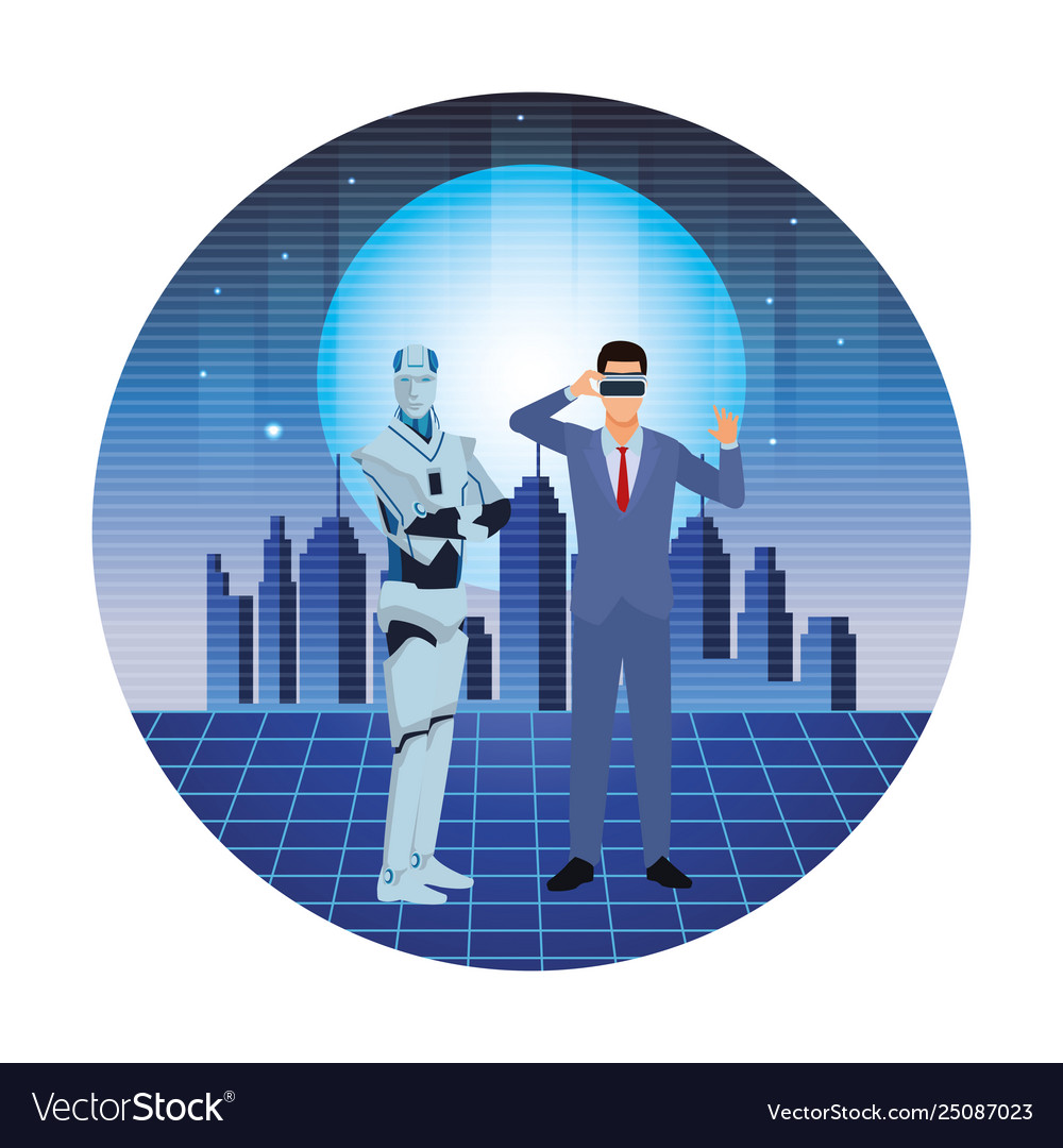 Humanoid robot and businessman round icon