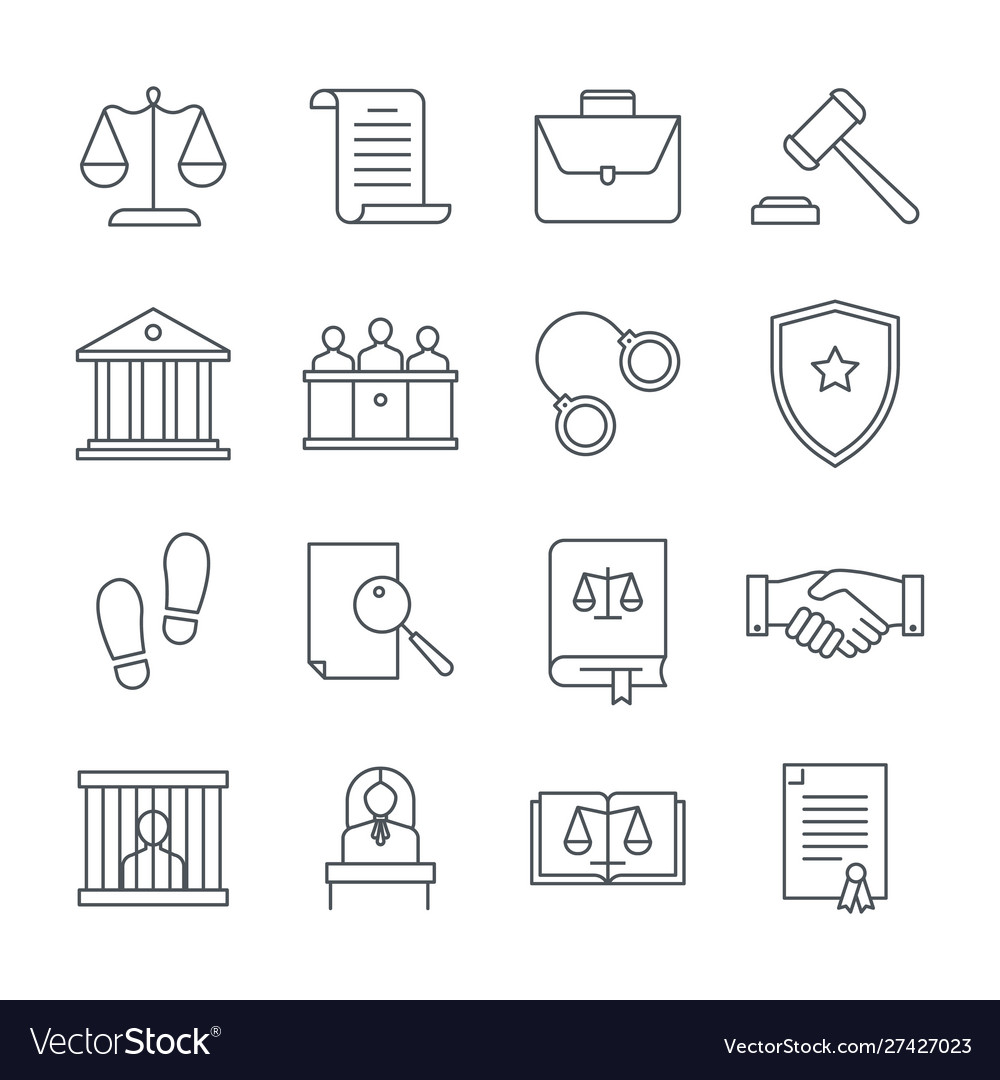 Lawyer and law linear icons set consideration