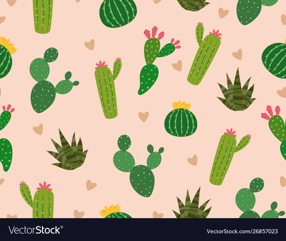 Seamless pattern many cactus with mini heart