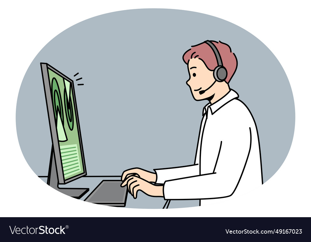 Web designer in headset works at computer vector image Web designer in headset works at computer
