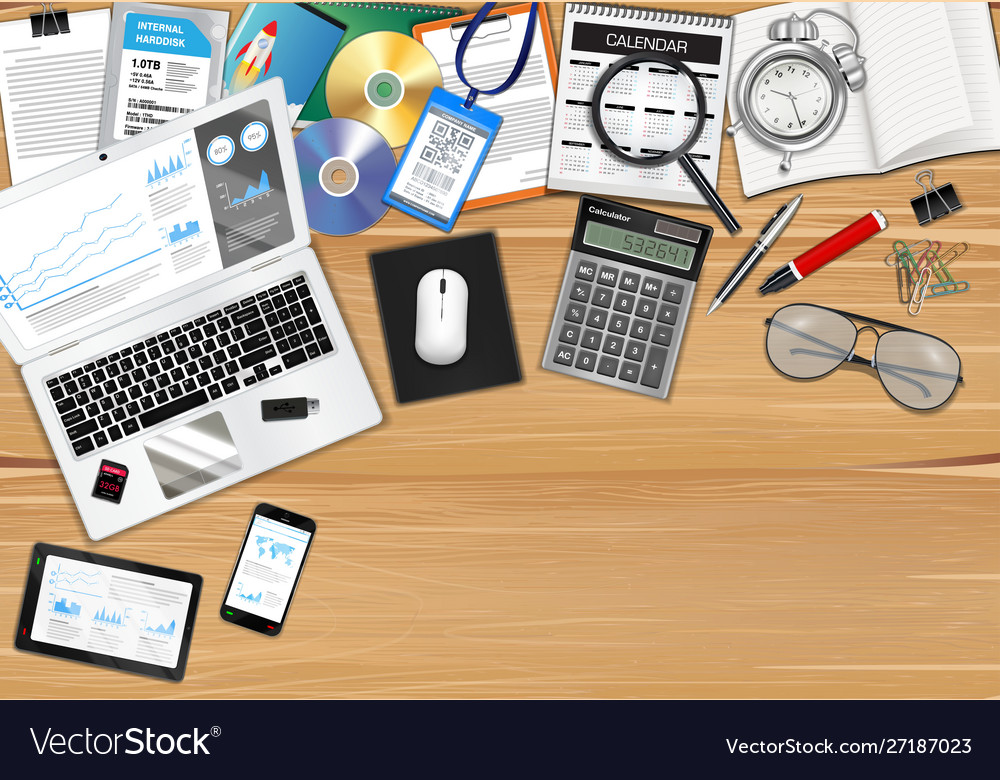 Workplace with object and tools on wood table Vector Image Workplace with object and tools on wood table