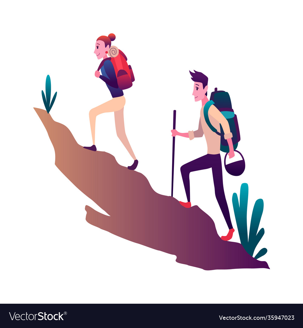 Young woman and man couple hiking in mountains Vector Image