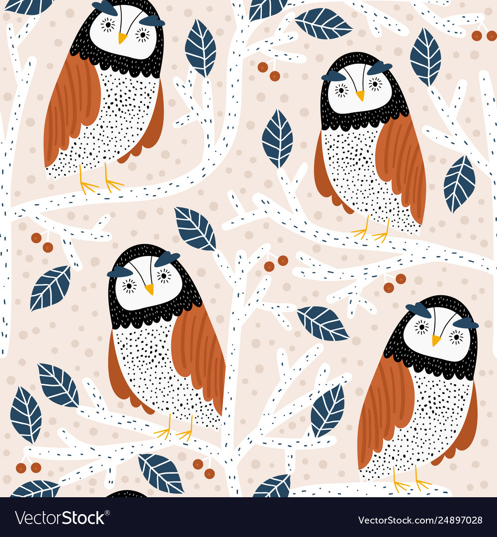 Seamless pattern with owls on trees creative vector image Seamless pattern with owls on trees creative
