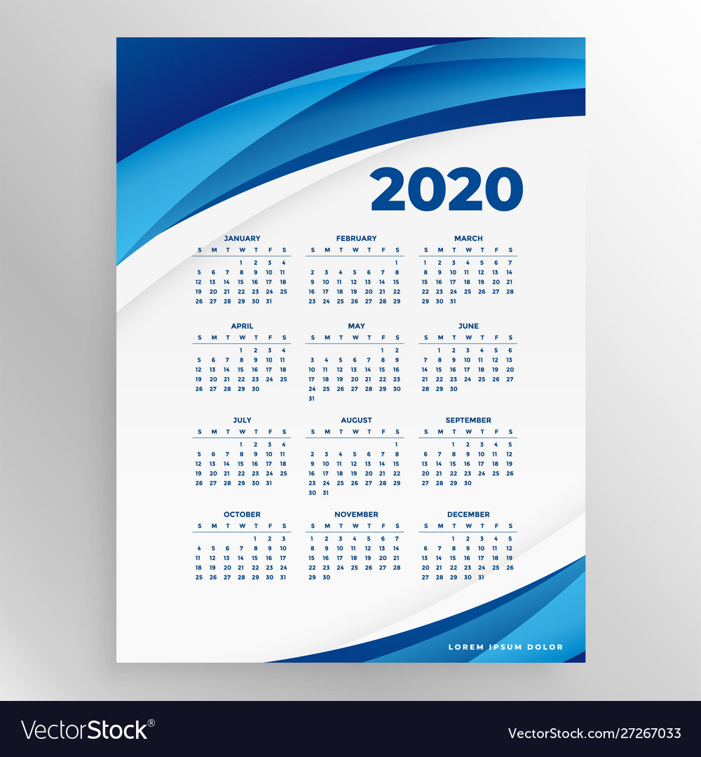Blue 2020 Calendar Template Royalty Free Vector Image