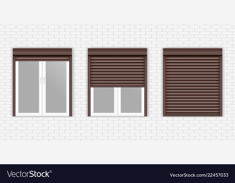 Brown window shutters on gray brick wall