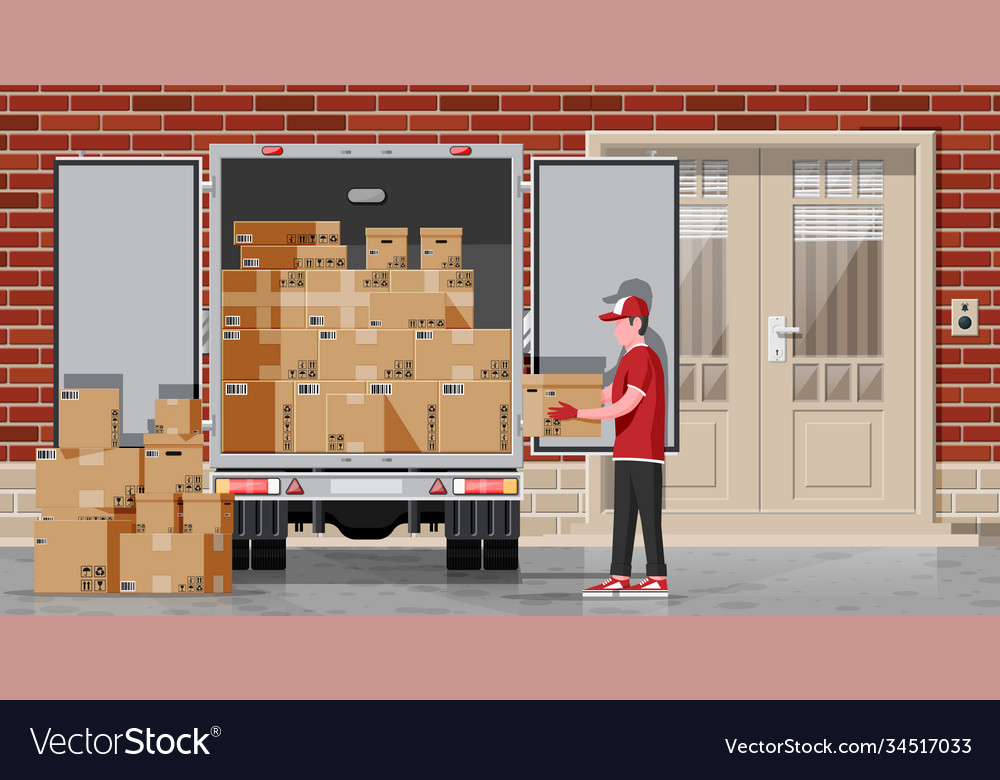 Loader unloads goods from truck Royalty Free Vector Image